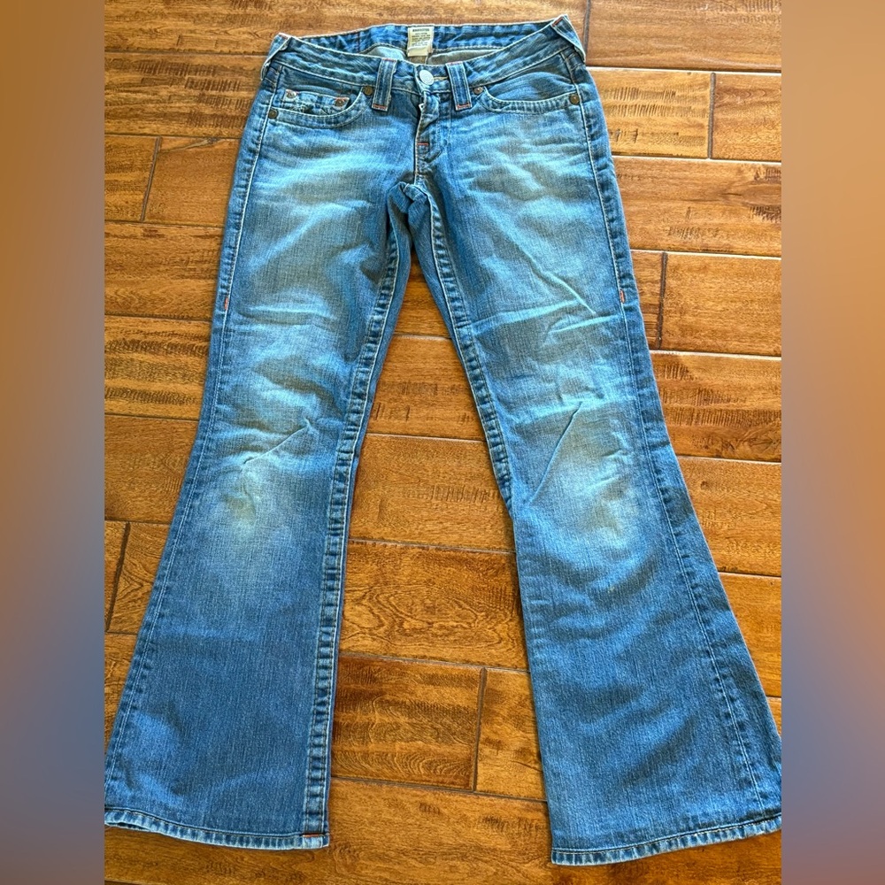 True Religion Light Blue Flare Distressed Jeans Size 27 (US size 4).